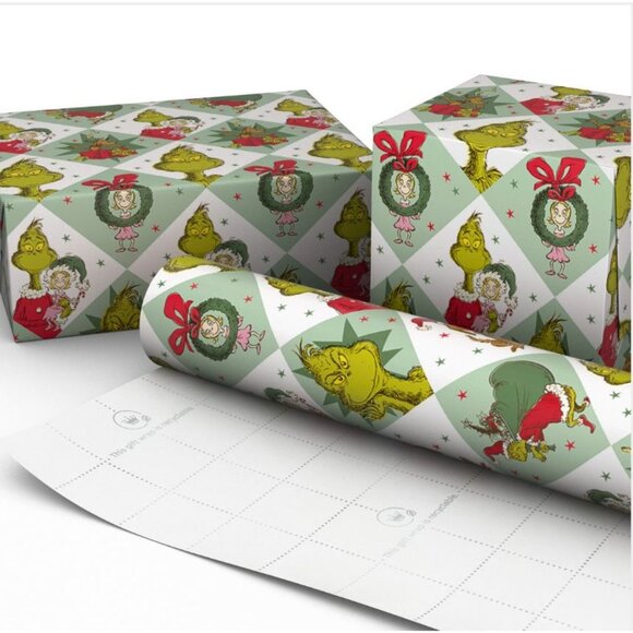 Hallmark Wrapping Paper Christmas Grinch on Colored Squares 70 sq ft Jumbo Roll - Picture 4 of 5